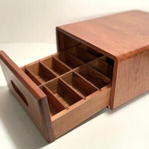 Teak Wood Box with Drawer MCM Dovetail Cubby 12 x 8 x 4.5 Organize Tea